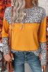 Leopard Print Waffle Knit Patchwork Top